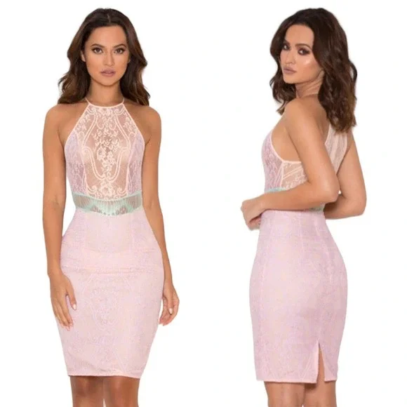 House of CB Womens Dress Alvaro Pink Purple Pastel Floral Lace Halter Bodycon S - Picture 1 of 10